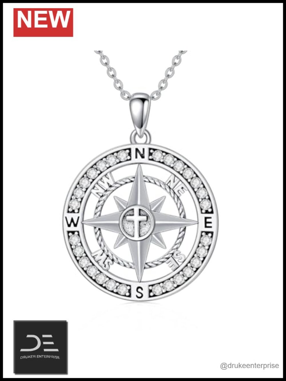 925 Sterling Silver Compass Pendant Necklace